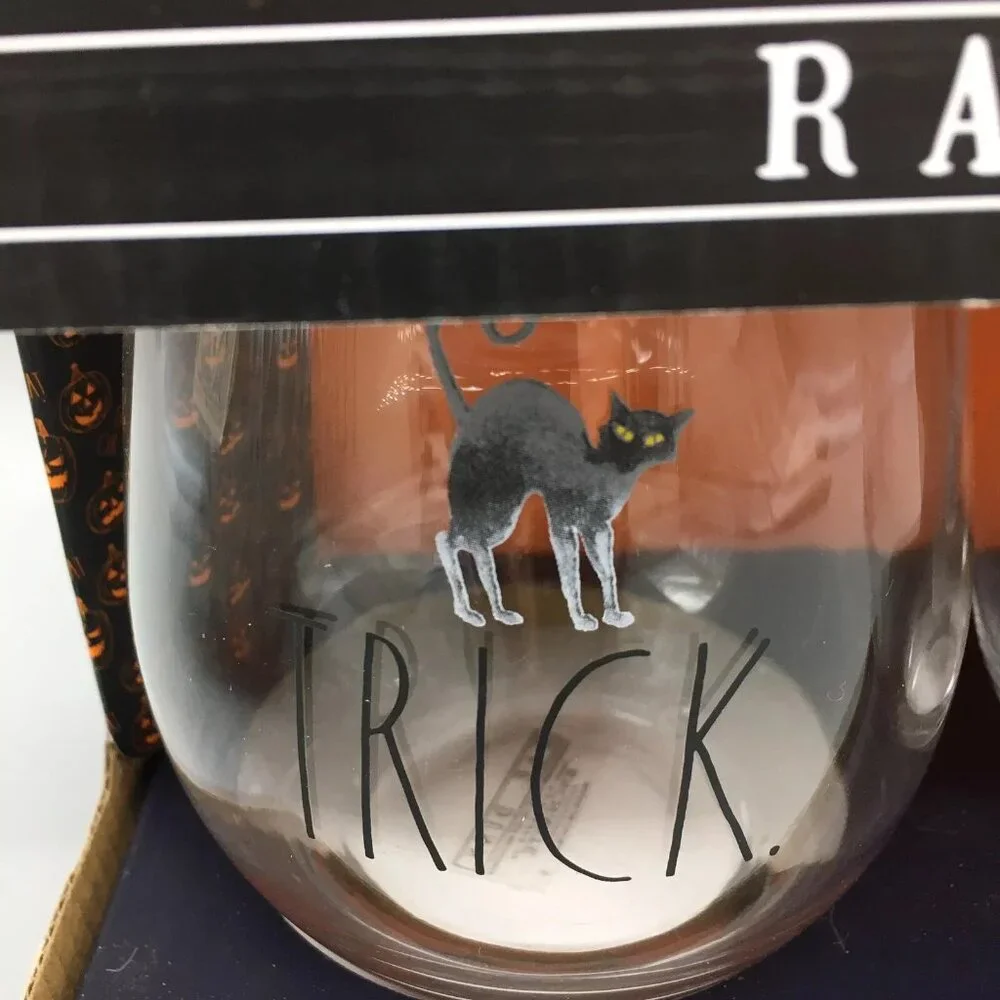 4pc Rae Dunn Halloween Black Scaredy Cat Stemless Wine Glass Set TRICK TREAT NEW